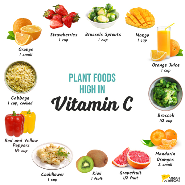 Plant foods high in vitamin C: Orange (1 small), Strawberries (1 cup), Brussels Sprouts (1 cup), Mango (1 cup), Orange Juice (1 cup), Broccoli (1/2 cup), Mandarin Oranges (2 small), Grapefruit (1/2 fruit), Kiwi (1 fruit), Cauliflower (1 cup), Red and Yellow Peppers (1/4 cup), Cabbage (1 cup, cooked)