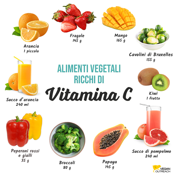 Alimenti vegetali ricchi di vitamina C: mango (165 g), cavolini di Bruxelles (155 g), kiwi (1 frutto), papaya (145 g), succo di pompelmo (240 ml), peperoni rossi e gialli (40 g), broccoli (155 g), succo d’arancia (240 ml), arancia (1 piccola), fragole (145 g)