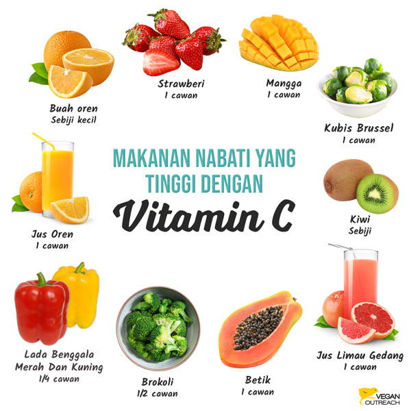 MAKANAN NABATI YANG TINGGI DENGAN
Vitamin C
Mangga
1 cawan
Kubis Brussel
1 cawan
Kiwi
Sebiji
Betik
1 cawan
Jus Limau Gedang
1 cawan
Lada Benggala Merah Dan Kuning
1/4 cawan
Brokoli
1/2 cawan
Jus Oren
1 cawan
Buah oren
Sebiji kecil
Strawberi
1 cawan