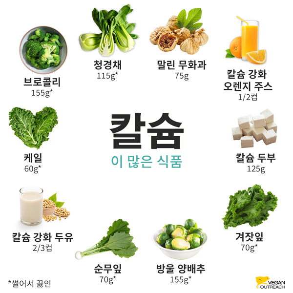 칼슘이 많은 식물성 식품. 브로콜리, 청경채, 말린 무화과, 오렌지 주스, 두부, 겨잣잎, 순무잎, 두유, 방울 양배추, 케일