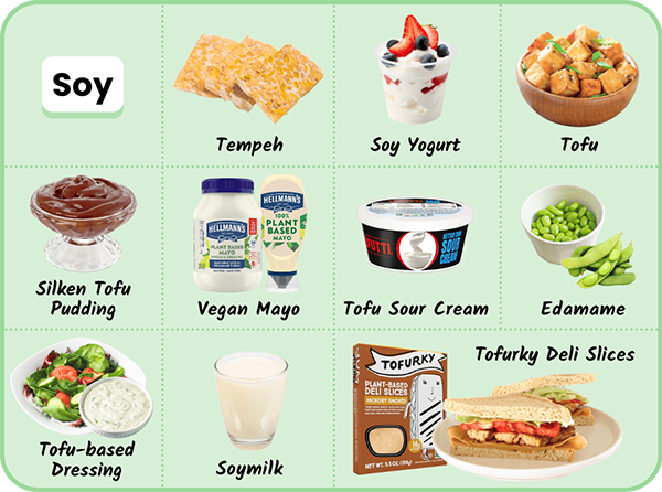 Soy: Tofu; Tempeh; Edamame; Chocolate pudding made from silken tofu; Soymilk; Soy yogurt; Tofu sour cream; Tofu-based salad dressing; Hellmans Vegan Mayo made with soy; Tofurky Deli Slices sandwich