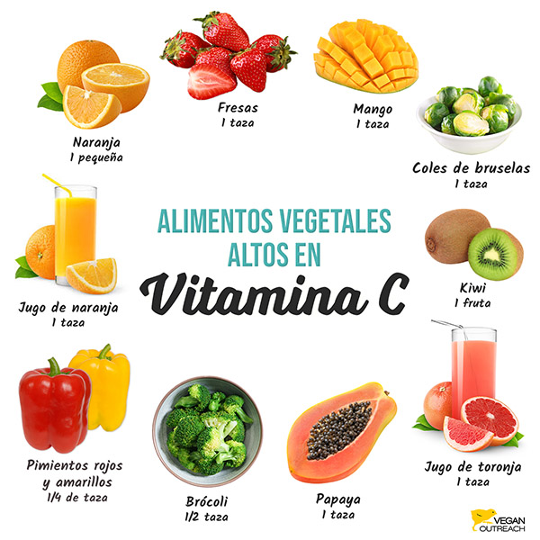 Naranja (1 pequeña), fresas (1 taza), Mango (1 taza ), coles de bruselas (1 taza), Kiwi (1 fruta), Papaya (1 taza), jugo de toronja (1 cup), pimientos rojos y amarillos (1/4 de taza), brócoli (1/2 taza), jugo de naranja (1 taza)