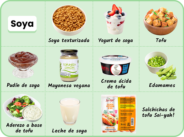Soya: Yogurt de soya, tofu, pudín de tofu, mayonesa vegana, crema ácida de tofu, edamames, aderezo a base de tofu, leche de soya, salchichas de tofu Soi-yah!, soya texturizada
