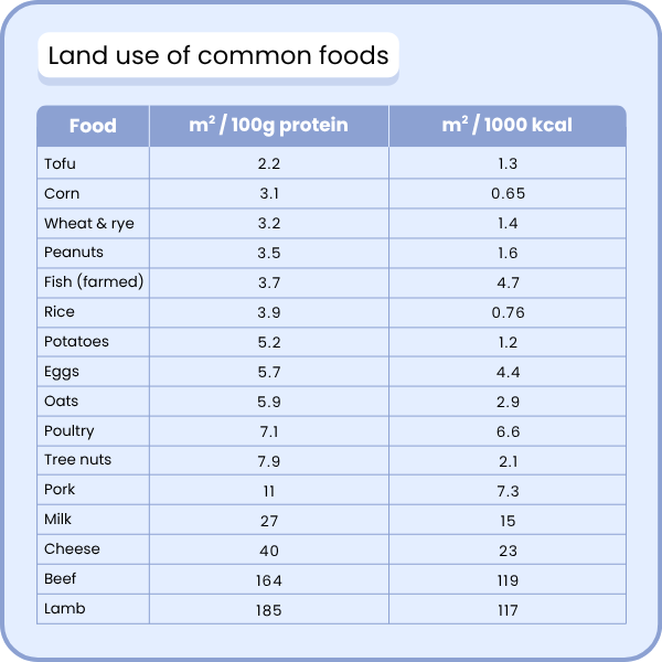 Table showing land use of common foods, in square meters per 100 grams of protein and per 1,000 kilocalories.