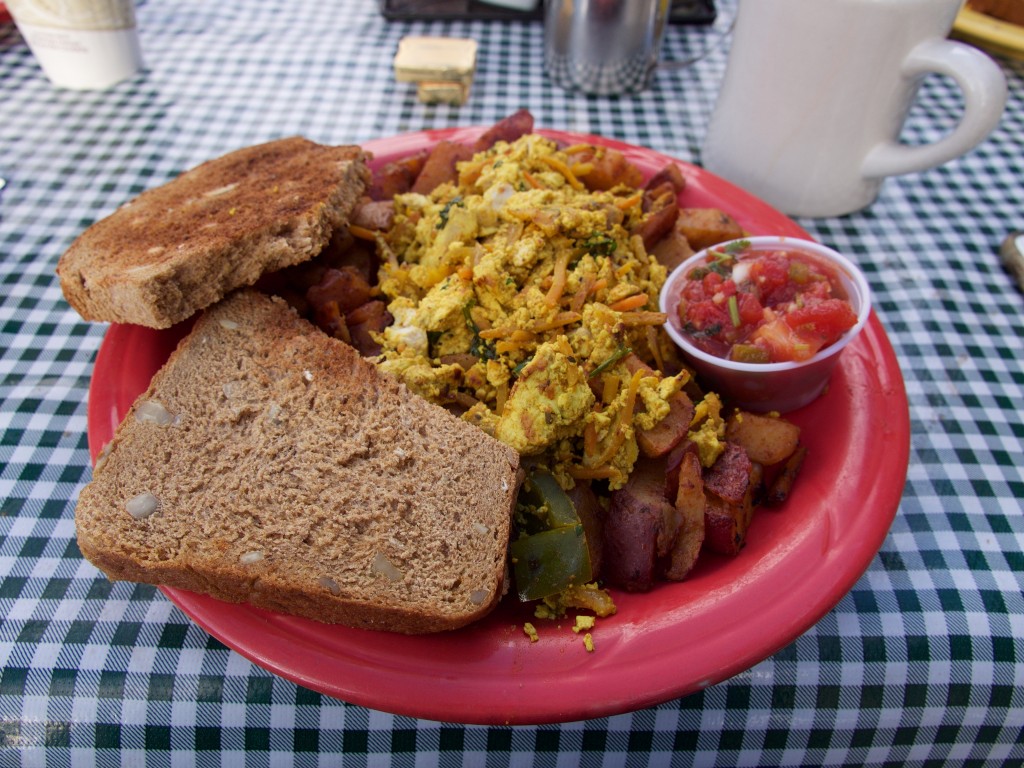 Toast, Tofu Scramble, Potatoes, Salsa, Coffee