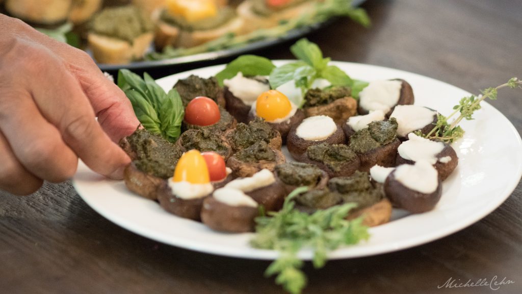 Roasted Mushrooms with Pesto, Tomatoes, and Miyoko’s Fresh VeganMozz 